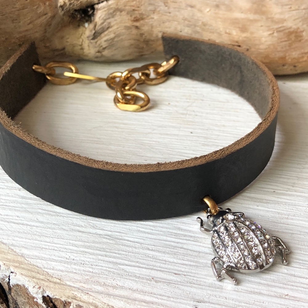 Beltshazzar Jewels Leather, Beetle & Brass Choker